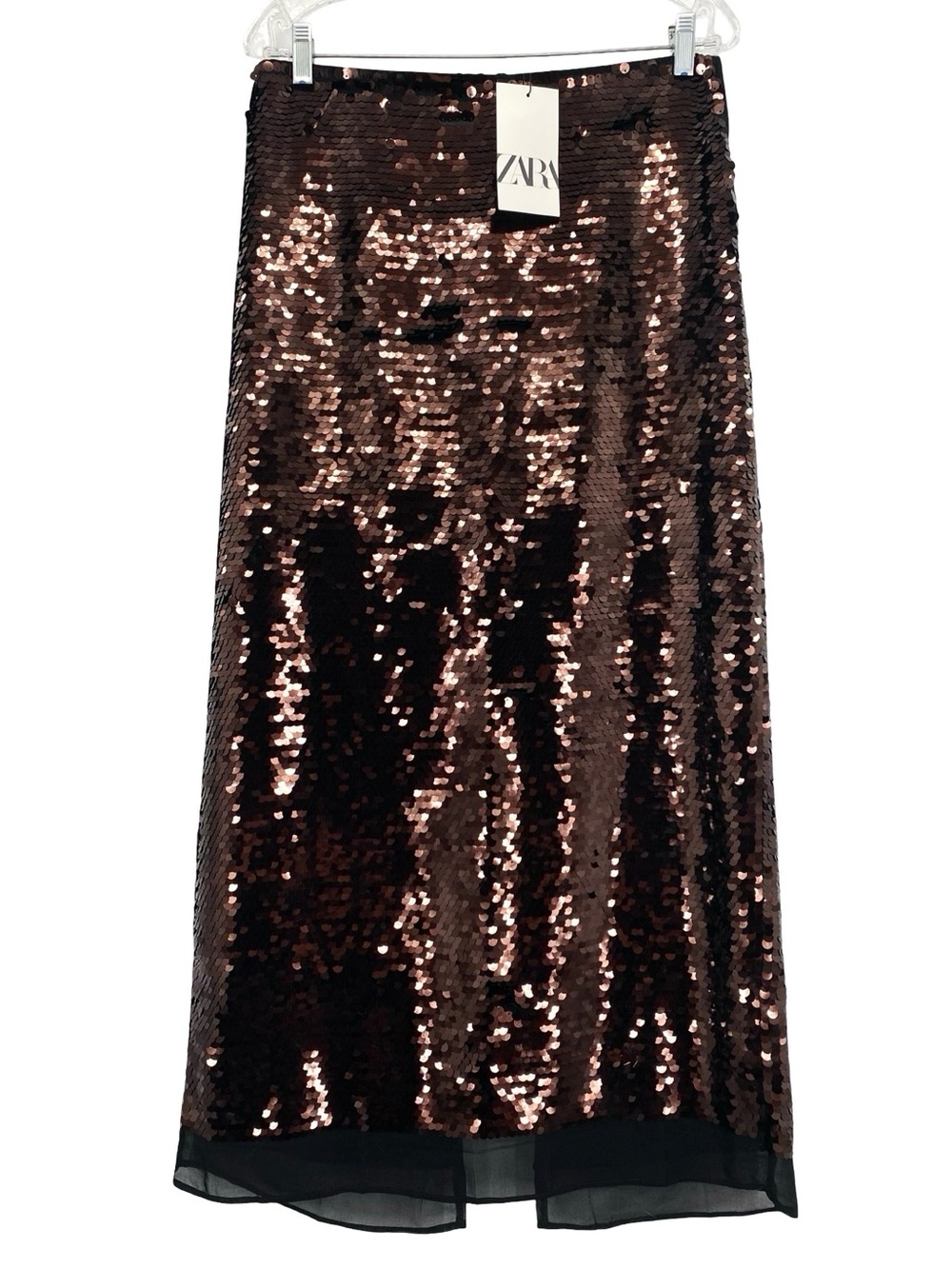 Zara High Waist Brown Sequin Midi Skirt Size Large New